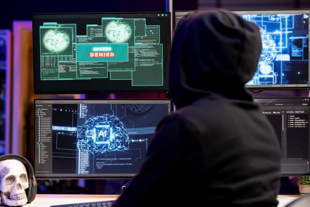 Cybersecurity network attack concept with dark digital interface